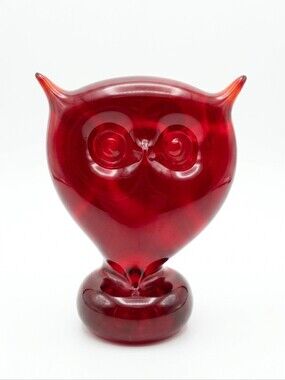 ​Viking Glass Epic 7288 Owl Figurine Paperweight Ruby Red Vintage Mid Century